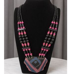 Vintage Multi Strand Black Burgundy Acrylic Beaded Statement Necklace